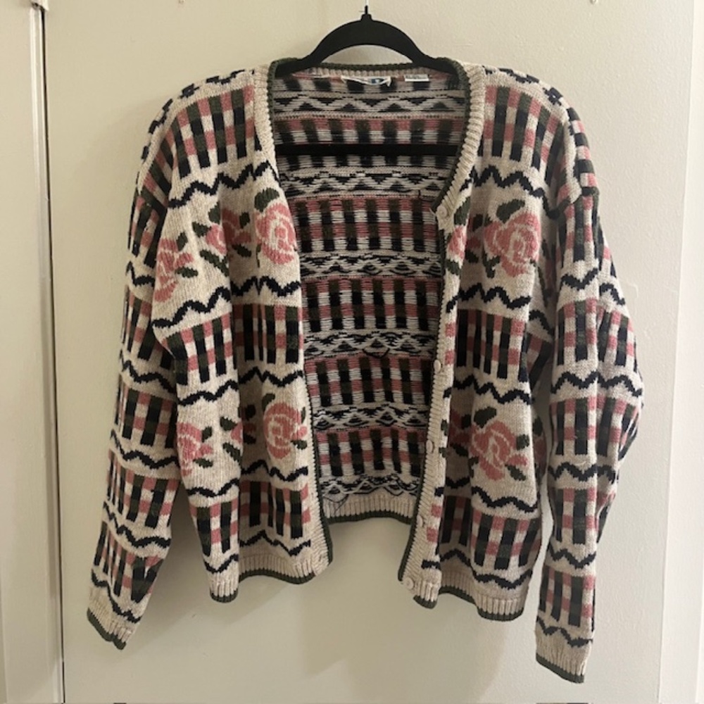 Vintage Paul Harris Design Ramie Cotton Floral Rose Pattern Cardigan